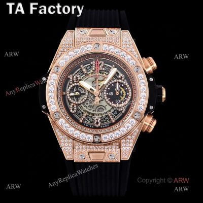 Swiss Quality Hublot Big Bang Rose Gold Black Rubber Strap Full Diamonds Watches Replica 